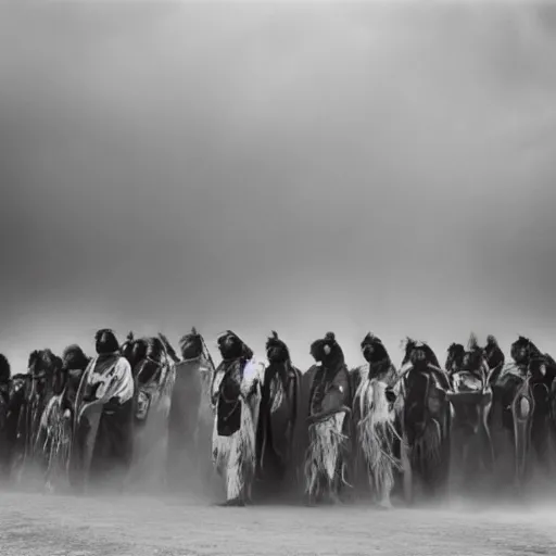 Prompt: an indigenous crowd of shamans guiding spiritual healers feathered quetzalcoatl sandstorm sky, sebastiao salgado