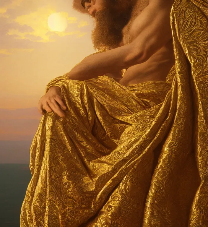 Image similar to a beautifully high detail, intricate, clear detailed portrait of a close up deptic of zeus with an ornate golden teal curtain at beautiful sunset daytime nature sunlit painting by frederic leighton and rosetti, 8 k, octane render