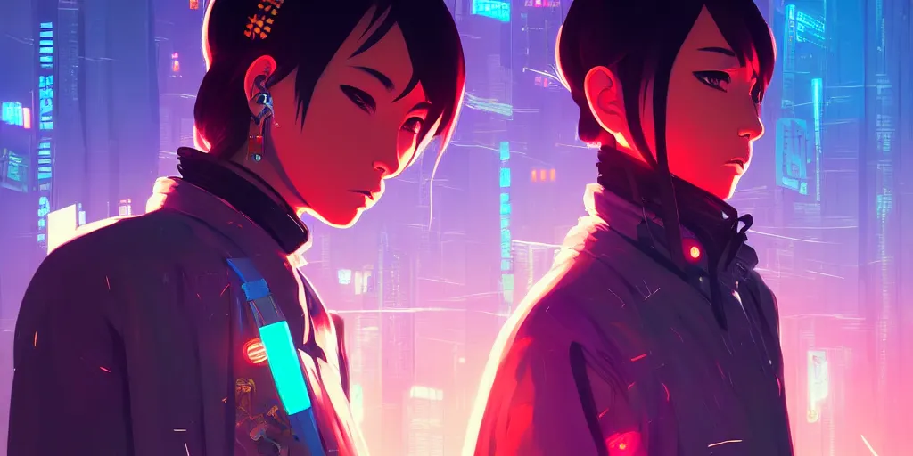 Image similar to digital illustration closeup portrait of cyberpunk samurai in city street at night by makoto shinkai, ilya kuvshinov, lois van baarle, rossdraws, basquiat | afrofuturism, in the style of hearthstone, trending on artstation | cool color scheme