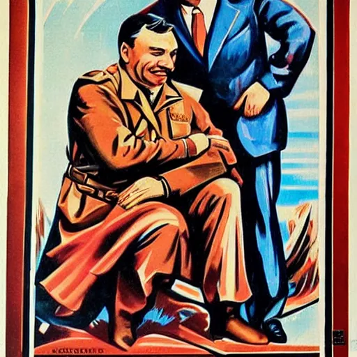 Image similar to hungarian prime minister viktor orban sitting on the knee of joseph stalin, soviet propaganda poster art from 1 9 5 0, highly detailed, colored