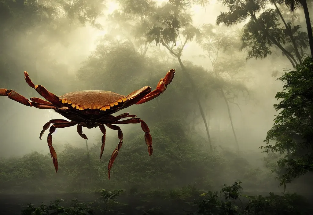 Prompt: an enormous giant crab king, in a jungle with ominous light from above, ambient light, fog, river, very poetic