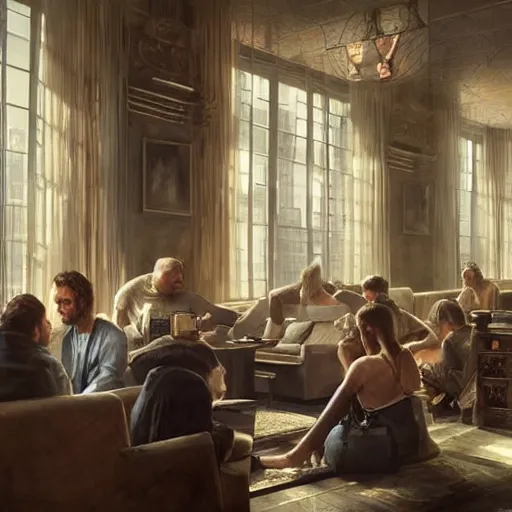 Prompt: epic masterpiece of cinematographic hyperrealism where a lot of people communicating with each other in a large lounge. realistic shaded lighting poster by craig mallismo, artgerm, jeremy lipkin and michael garmash, unreal engine, radiant light, detailed and intricate environment, digital art, art station trends