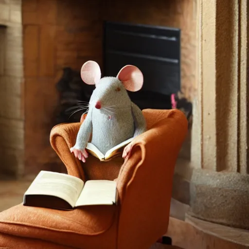 Prompt: an old mouse reading a book in a chair next to a fireplace