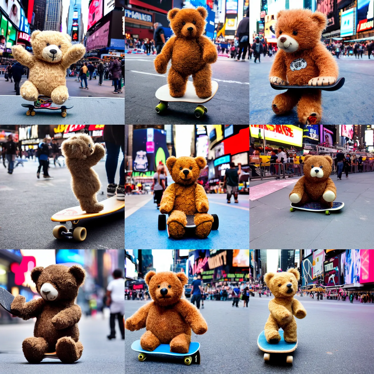 Prompt: a small teddy bear on a skateboard with grip tape in times square