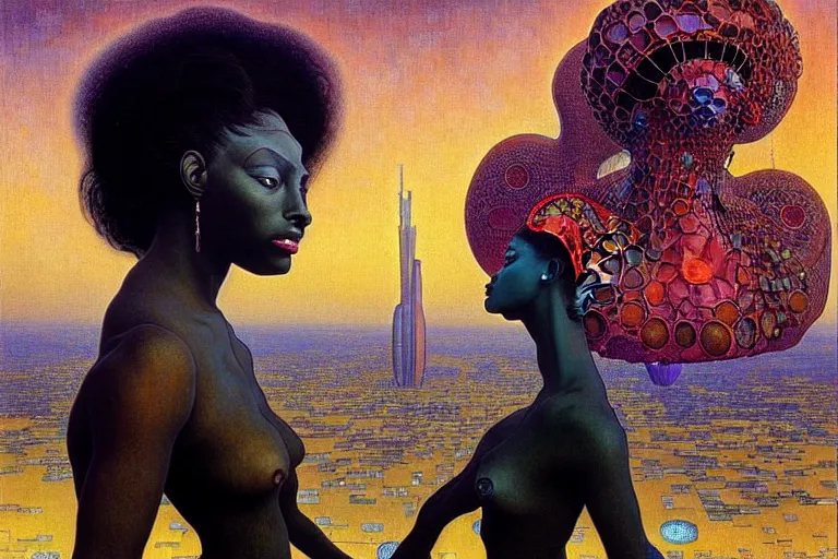 Prompt: realistic extremely detailed portrait painting of a beautiful black woman with an alien, city street on background by Jean Delville, Amano, Yves Tanguy, Ilya Repin, Alphonse Mucha, Ernst Haeckel, Edward Robert Hughes, Roger Dean, rich moody colours