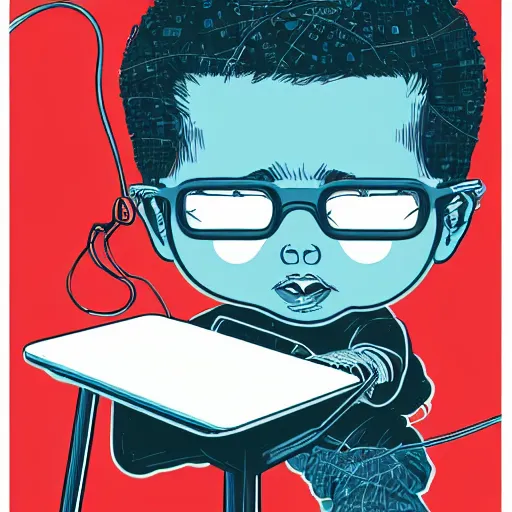 Image similar to illustration of a boy connected to his laptop with wires, highly detailed, by butcher billy, mcbess, rutkowski, james jean, 8 k, photorealistic