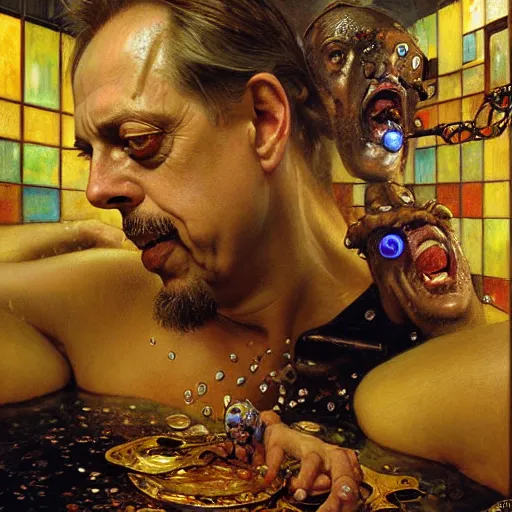 Image similar to portrait of steve buscemi in a bath tub. shadowrun furaffiniy cyberpunk fantasy highly detailed painting by gaston bussiere craig mullins jc leyendecker gustav klimt artgerm greg rutkowski john berkey, bergey, craig mullins, ruan jia, raymond swanland, jeremy mann, tom lovell, alex malveda