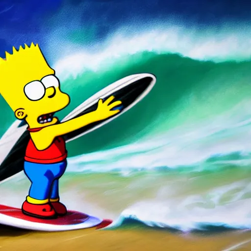 Image similar to Bart Simpson surfing the wave, artstation, 8K, UE5, photorealistic, by Boran Günday