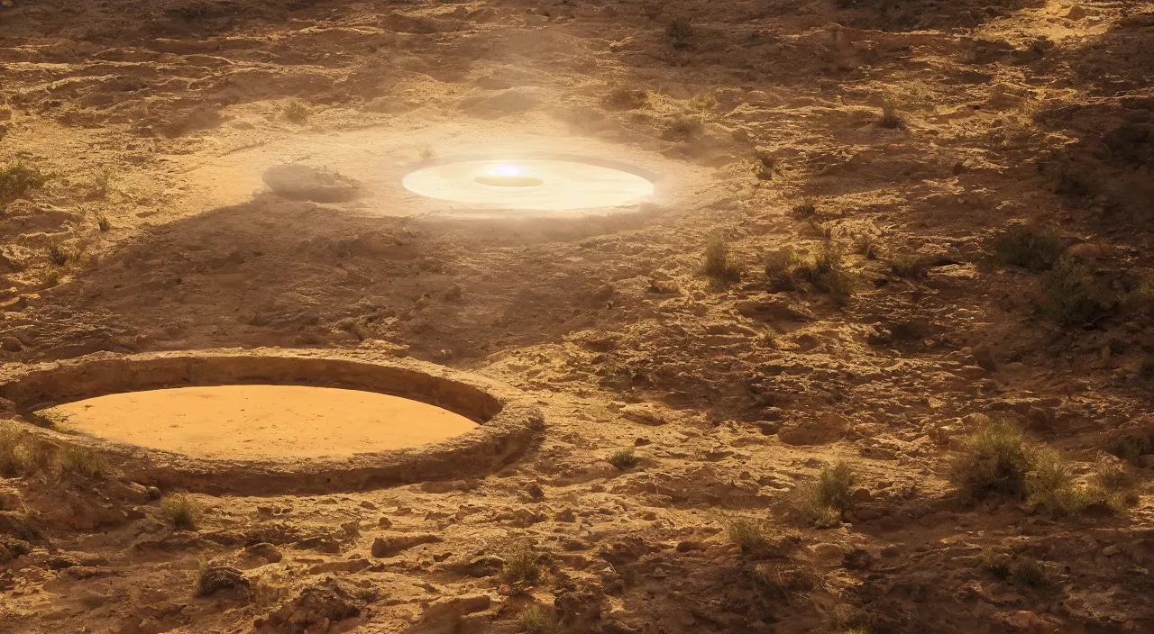 Image similar to a luminous circular stargate in the desert through which an ancient jungle is visible in the style of midjourney