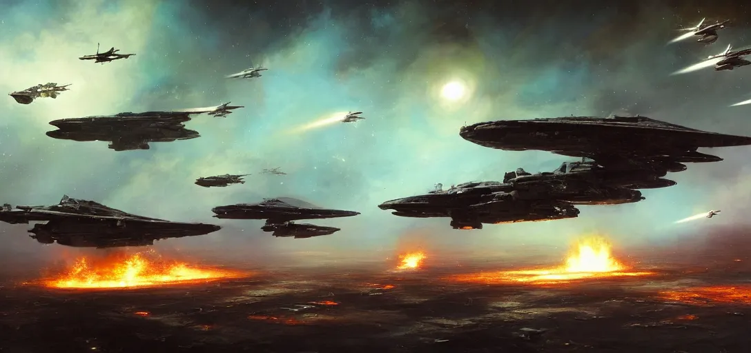 Prompt: Wide shot of a spaceship traveling , fighter escort flying in formation, burning wrecks. Asteroid belt. Scenic view, in the void of space, underexposed, matte painting by Craig mullins and Emmanuel_Shiu and john berkey, cinematic, dark sci-fi, concept art trending on artstation, movie quality , 4k, insane details, ultra realistic