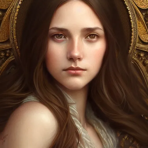 Image similar to brown haired mage medium portrait, gentle, female, city landscape, norway, d & d, fantasy, intricate, elegant, highly detailed, digital painting, brown and gold color palette, artstation, octane render, concept art, matte, sharp focus, illustration, herrarthstone, art by artgerm and greg rutkowski and alphonse mucha