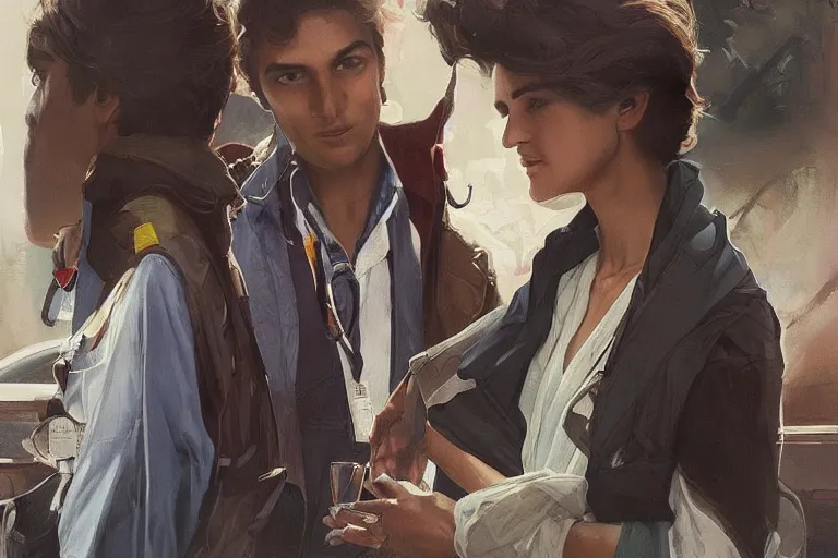 Image similar to Anxious good looking pale young Indian doctors wearing American clothes at the airport, portrait, elegant, intricate, digital painting, artstation, concept art, smooth, sharp focus, illustration, art by artgerm and greg rutkowski and alphonse mucha