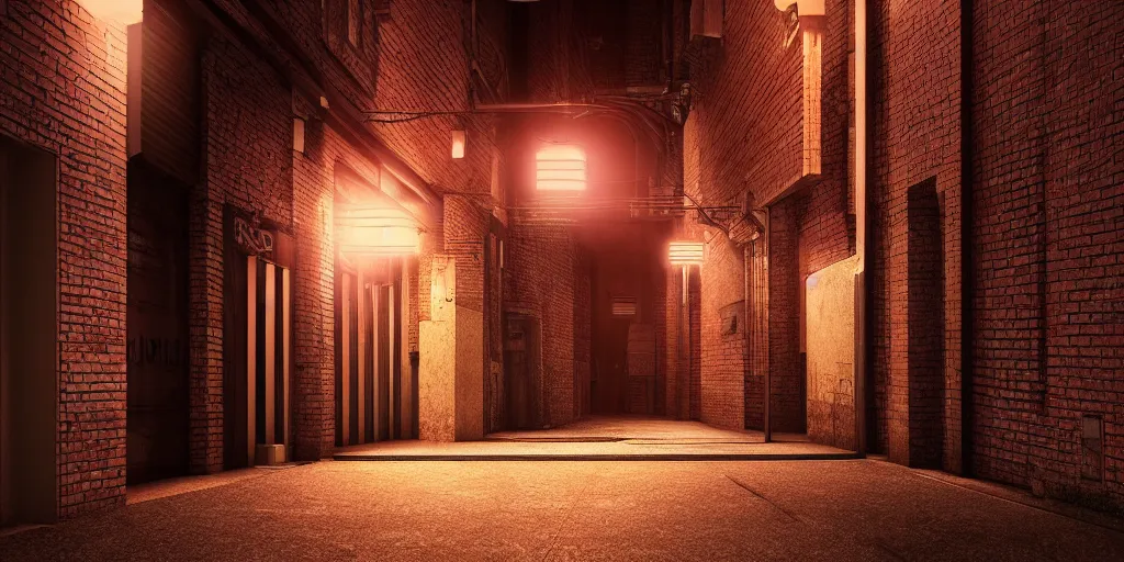 Image similar to ultra realist and ultra intricate detailed soft painting of an alleyway corner at night, reflective city nights, neon glow, city background, brick wall, artstation, unreal render, depth of field
