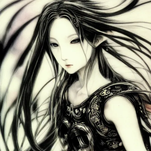 Image similar to yoshitaka amano blurred and dreamy illustration of an anime girl with black eyes, wavy white hair fluttering in the wind wearing elden ring armor and engraving, abstract black and white patterns on the background, noisy film grain effect, highly detailed, renaissance oil painting, weird portrait angle, blurred lost edges, three quarter view