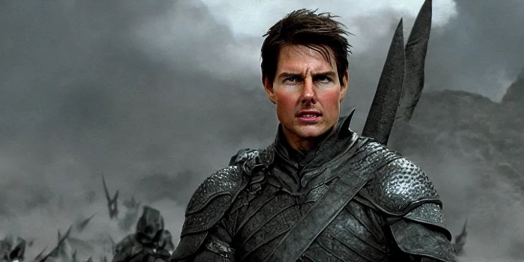 Image similar to ' tom cruise'as the entire army of mordor 9 0 0 0'lord of the rings ', cinematic scene, award winning