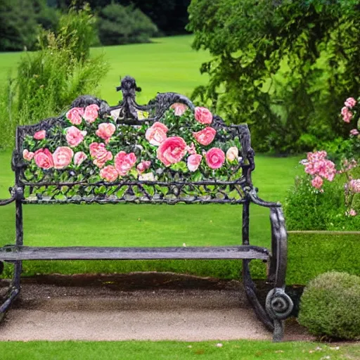 Prompt: beautiful english rose garden with ornate bench