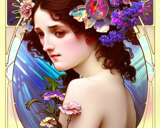 Image similar to overlord, rococo and art nouveau fusion, iridescent diaphanous refractive and reflective flower bouquet, tarot card, highly detailed, deep focus, elegant, digital painting, smooth, sharp focus, illustration, ultra realistic, 8 k, art by artgerm and alphonse mucha