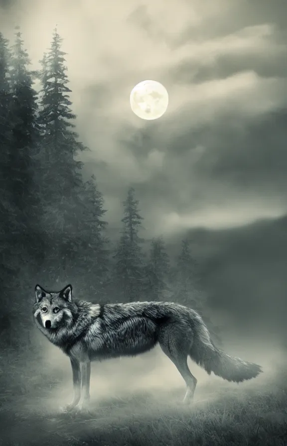 Image similar to a photograph of a wolf at full moon in a mountainous environment, full moon with fog and clouds, concept art, epic lighting, cinematographic