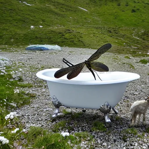 Image similar to dragonfly in a bathtub in the alps, goats in background