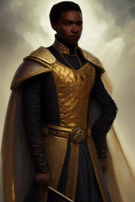 Prompt: a portrait of a black male prince, white cape, illustration, soft lighting, soft details, dark mood, painting oil on canvas by Edmund Blair Leighton and Charlie Bowater octane render trending on artstation d&d characters, 4k, 8k, HD