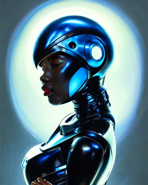 Image similar to Portrait of very very very very very very beautiful black woman, spacesuit, futuristic cybernetic helmet, blue eyes, real life skin, intricate, elegant, highly detailed, artstation, concept art, smooth, sharp focus, art by artgerm and greg rutkowski and alphonse mucha