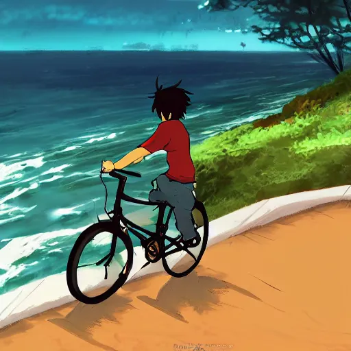 Prompt: a boy riding a bike near the coast ， makoto shinkai style