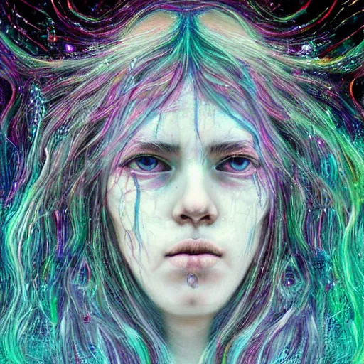 Prompt: long haired transcendent eldritch entity, beautiful tears, cosmic imagery, intense emotion, emotional concept art, hyperrealism, detailed eyes, glitch! art