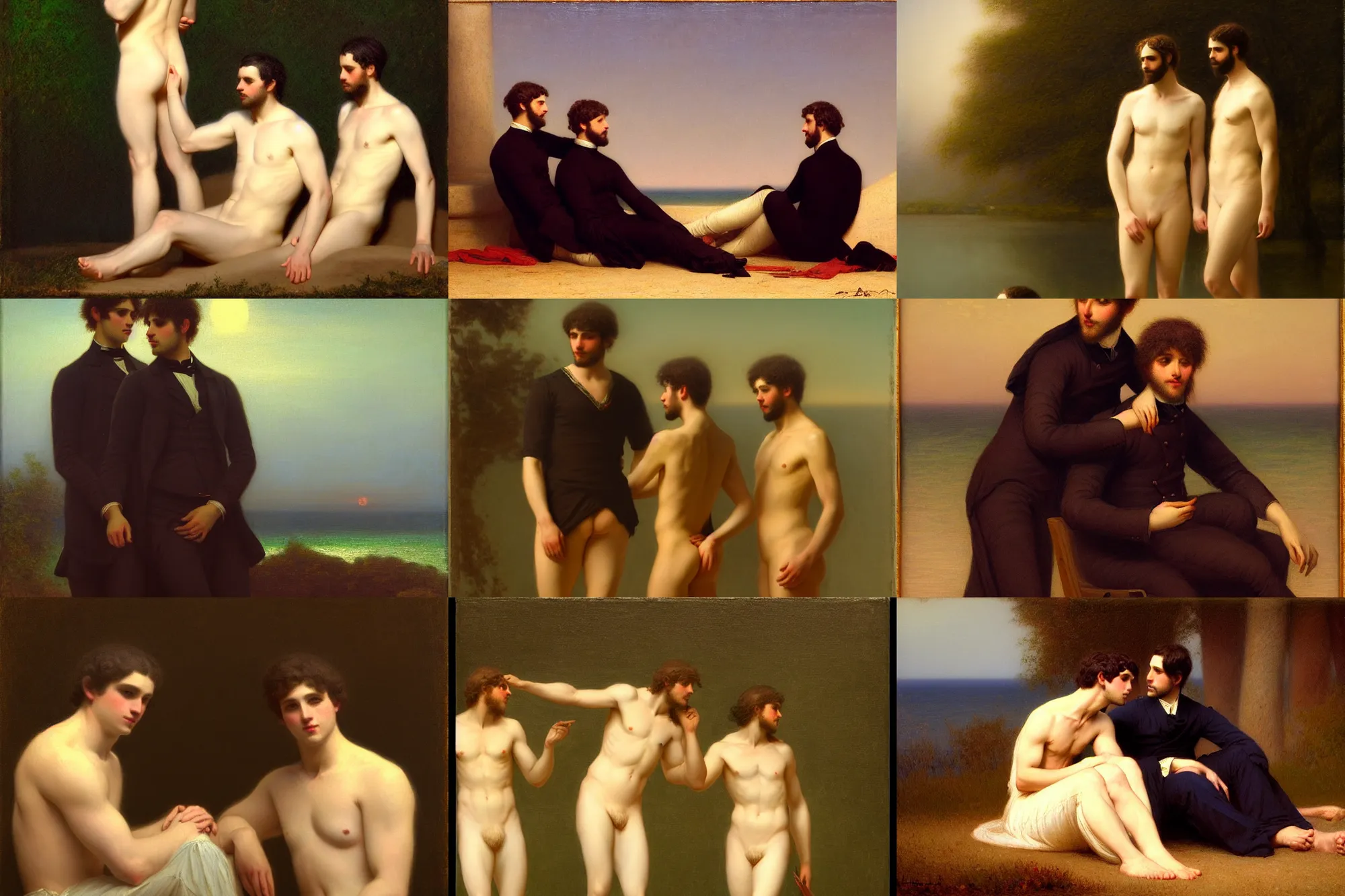 Prompt: handsome male couple at the paradise, moonlight, painting by jules joseph lefebvre and jean baptiste debret, trending on artstation