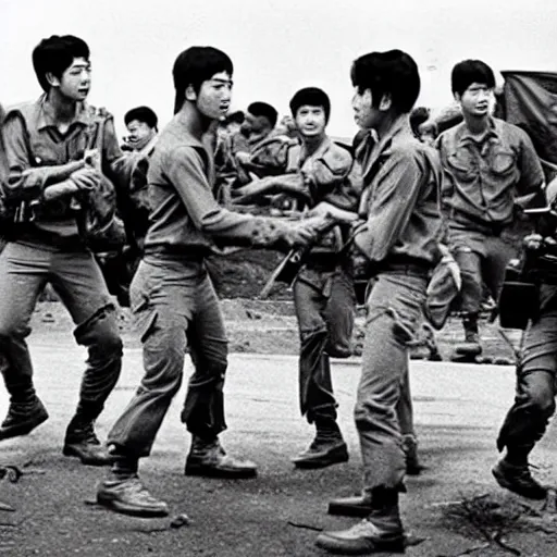 Image similar to BTS boyband fighting in the Vietnam war, historical photo, vintage photo, 1965