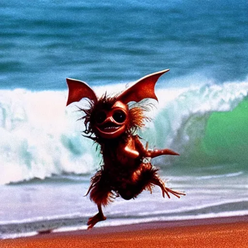 Prompt: gizmo from gremlins running through the surf on a beach