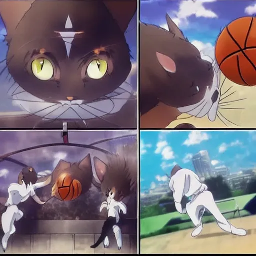 Image similar to a cat dunking a basketball, screenshots from miyazake anime movie