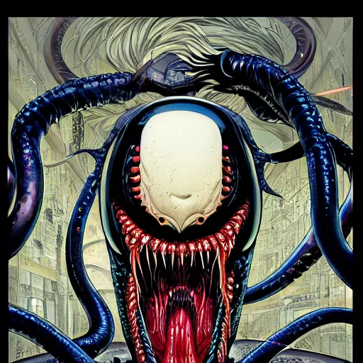 Image similar to portrait of crazy venom, symmetrical, by yoichi hatakenaka, masamune shirow, josan gonzales and dan mumford, ayami kojima, takato yamamoto, barclay shaw, karol bak, yukito kishiro