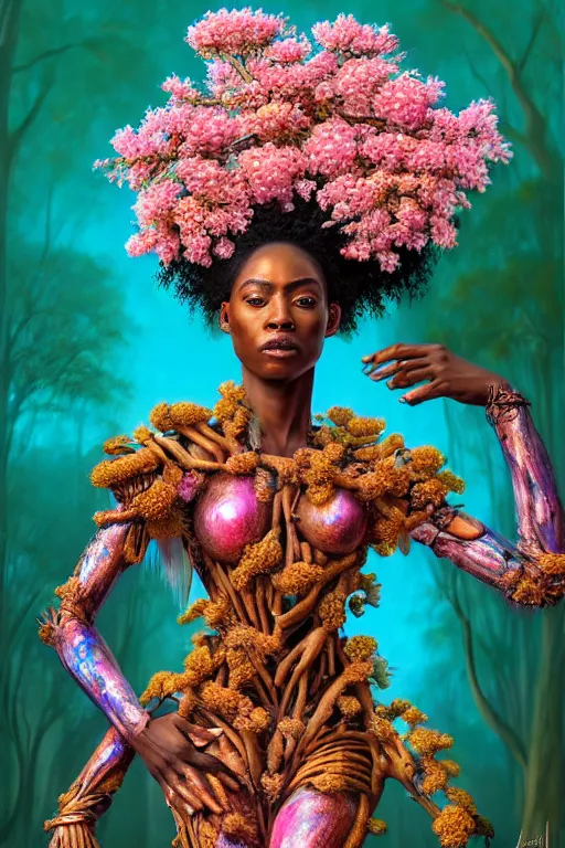 Image similar to hyperrealistic post - renaissance cinematic super expressive! yoruba goddess with exoskeleton armor, merging with tree in a forest, pink orange flowers, highly detailed digital art masterpiece, smooth cam de leon eric zener dramatic pearlescent soft teal light, ground angle hd 8 k, sharp focus