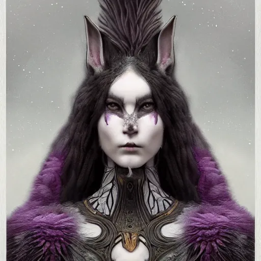 Prompt: tom bagshaw, soft painting fractal curiosities carnival, very beautiful female rabbit hybrid in full ornated nightshade fur armor, partial symmetry accurate features, focus, very intricate ultrafine details, black white purple volumetric clouds, award winning masterpiece, octane render 8 k hd