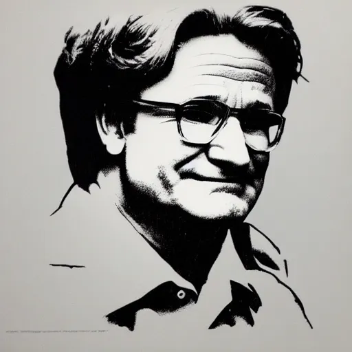 Prompt: silkscreen and lithography to create robin williams in the style of andy warhol