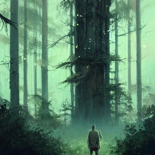 Image similar to concept art by greg rutkowski, a very tall and slender young man, frightened, surrounded by fireflies, in the middle of a forest of giant trees, detailed portraits, disturbing atmosphere, uncanny green lighting, scifi, digital painting, artstation, concept art, smooth, sharp foccus ilustration, artstation hq