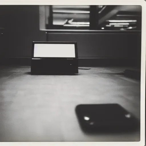 Prompt: computer on floor in the middle of a large museum, black and white polaroid