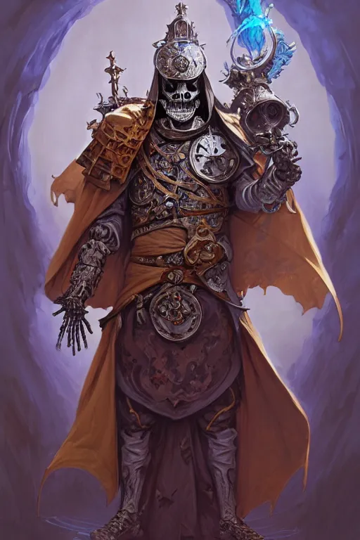 Image similar to archmage skeleton with a medival armour and antique silk robes inspired by peter mohrbacher, D&D, face, fantasy, intricate, elegant, highly detailed, digital painting, artstation, concept art, smooth, sharp focus, illustration, art by artgerm and greg rutkowski and alphonse mucha