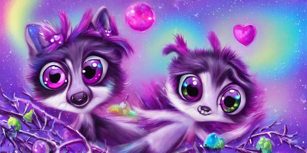 Prompt: 3 d purple - colored littlest pet shop purple raccoon, accessories, glittery wedding, ice cream, gothic, raven, rainbow, smiling, forest, moon, stars, master painter and art style of noel coypel, art of emile eisman - semenowsky, art of edouard bisson