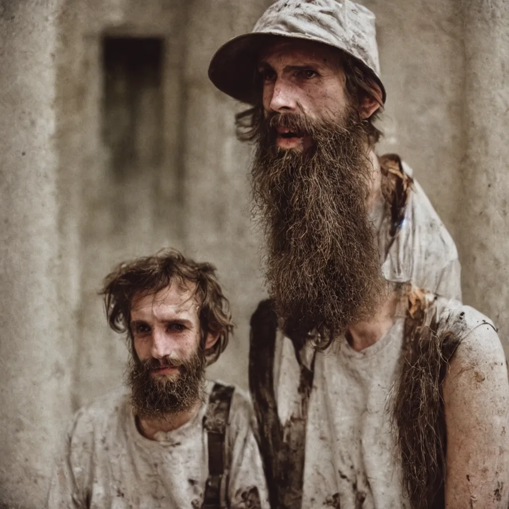 Image similar to far view, in british museum, extremely skinny malnourished redneck white male with long beard, wearing dirty overalls, dirty greasy face, grin, portrait, close up, kodak gold 2 0 0, 5 0 mm,