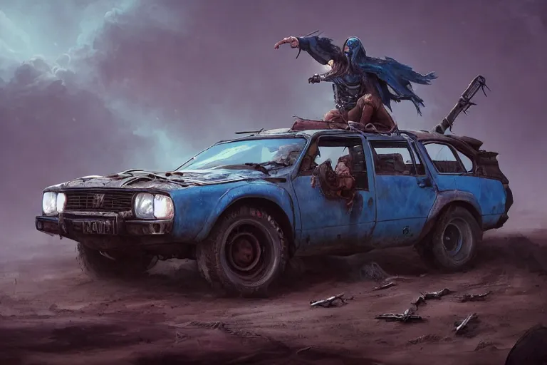 Image similar to a Dacia 1310, in Mad Max style, coriolios rpg art style, full of details, dark sci-fi, cold blue colors, matte painting, artstation, 8k, hyperrealistic, style of peter mohrbacher