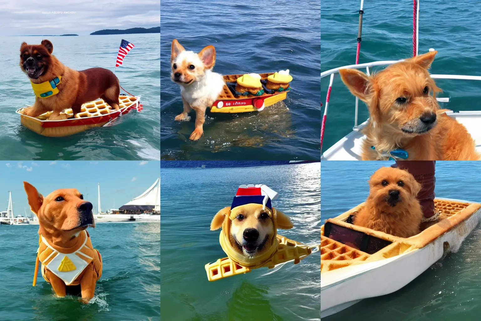 Prompt: waffle dog sailing at sea