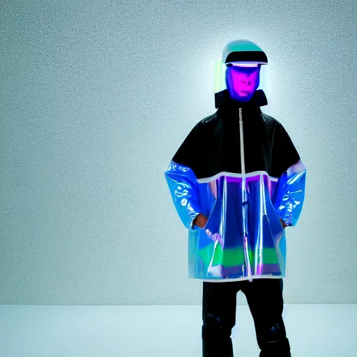 Prompt: an ultra high definition professional studio quality photograph of an artificial celebrity cyberpunk pop star wearing a transparent iridescent perspex pastel coloured face visor and matching raincoat on white coat hook in an icelandic black rock environment. dramatic lighting. volumetric shadows. light rays