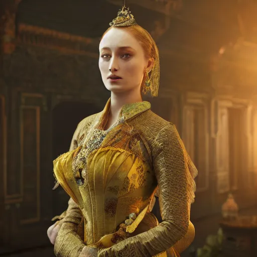 Image similar to sophie turner in javanese victorian clothing, hyper realistic, ambient lighting, concept art, intricate, hyper detailed, smooth, dynamic volumetric lighting, octane, raytrace, cinematic, high quality, high resolution, 4 k, cgsociety, rutkowski, gurney