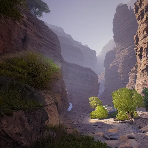 Image similar to pathway canyon in between mountains, unreal engine, high detail, realism, award winning, mist, detailed lighting