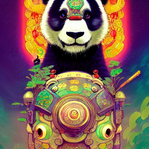 Image similar to a beautiful hyperdetailed character design 4 k wallpaper illustration of a cute panda with a chinese lion dance head victo ngai cyberpunk style, from china, style of studio ghibli, makoto shinkai, raphael lacoste, louis comfort tiffany, artgerm, james jean, ross tran, chinese style