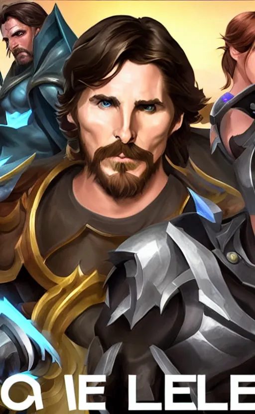 Image similar to Christian Bale as a character in the game League of Legends, with a background based on the game League of Legends, detailed face, old 3d graphics