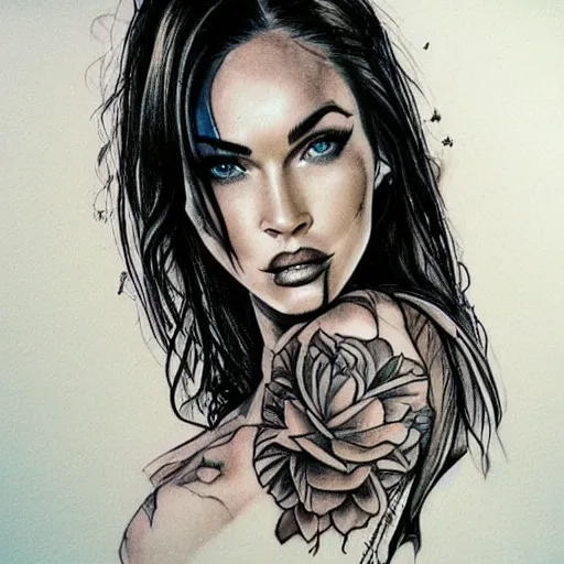 Prompt: tattoo design sketch of megan fox mash up effect with beautiful mountain scenery, in the style of matteo pasqualin, amazing detail