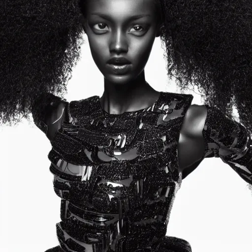 Image similar to close up of a black female fashion model with huge hair in year 3000 with edgy robotic black dress, photography , official versace editorial , highly detailed