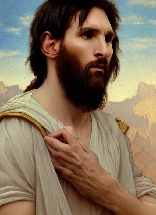 Image similar to portrait lionel messi as jesus, full length shot, shining, 8 k highly detailed, sharp focus, illustration, art by artgerm, mucha, bouguereau